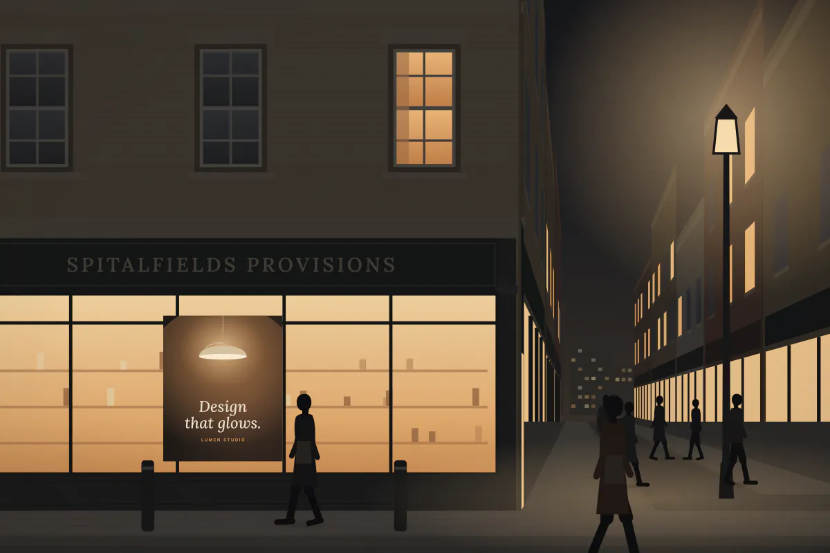 Corner shop window on Brick Lane — at night