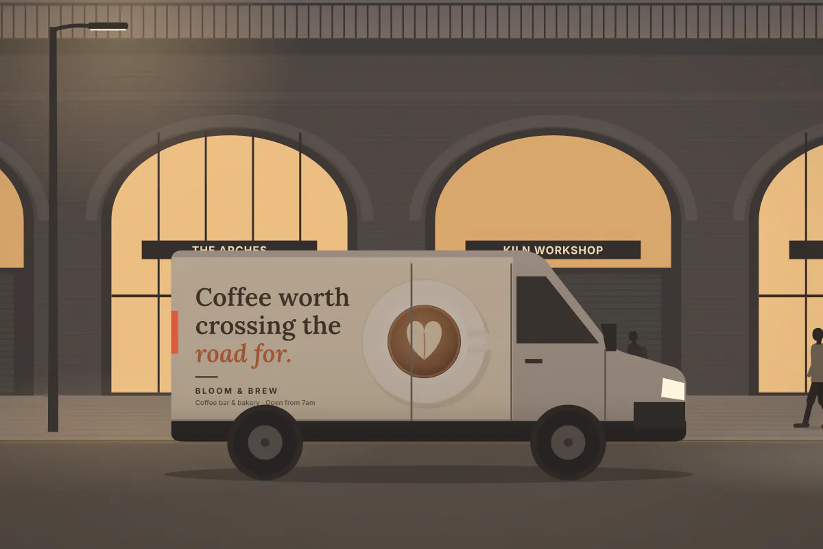 Full wrap on a city delivery van — at dusk